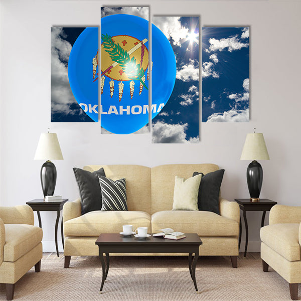 Balloon in colors of oklahoma flag flying on blue sky Multi panel canvas wall art