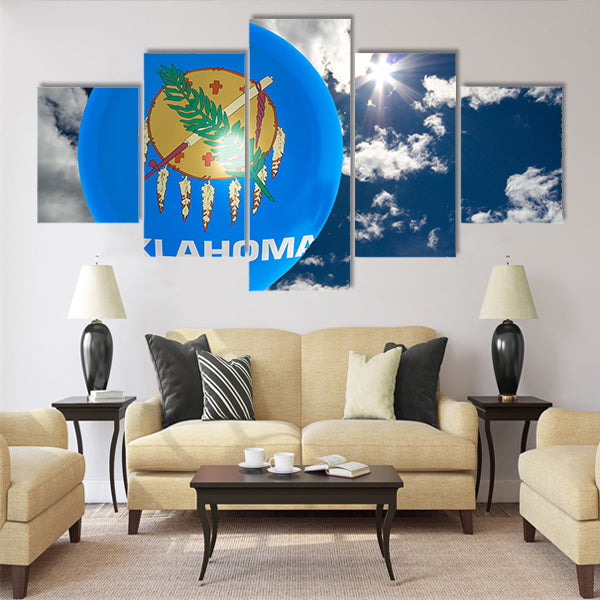 Balloon in colors of oklahoma flag flying on blue sky Multi panel canvas wall art