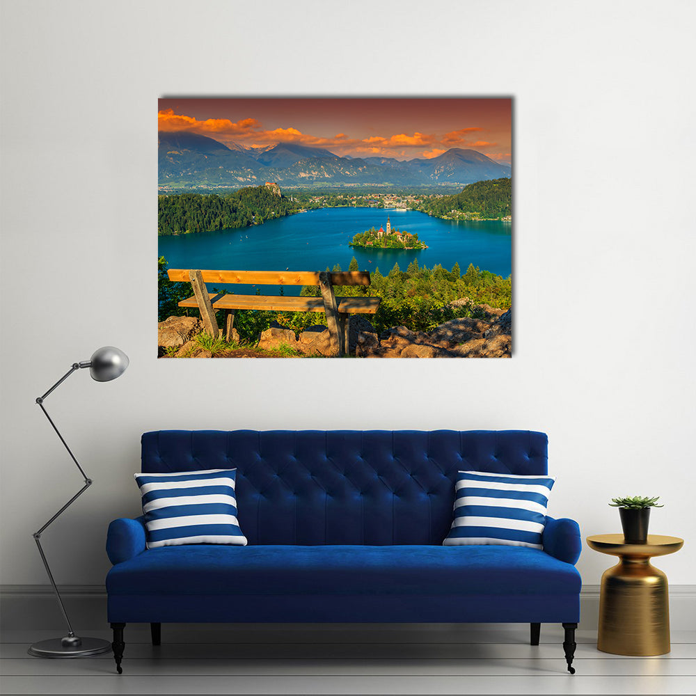 Lake Bled with St Marys church on the small island and stunning sunset Bled Slovenia Europe Multi panel canvas wall art