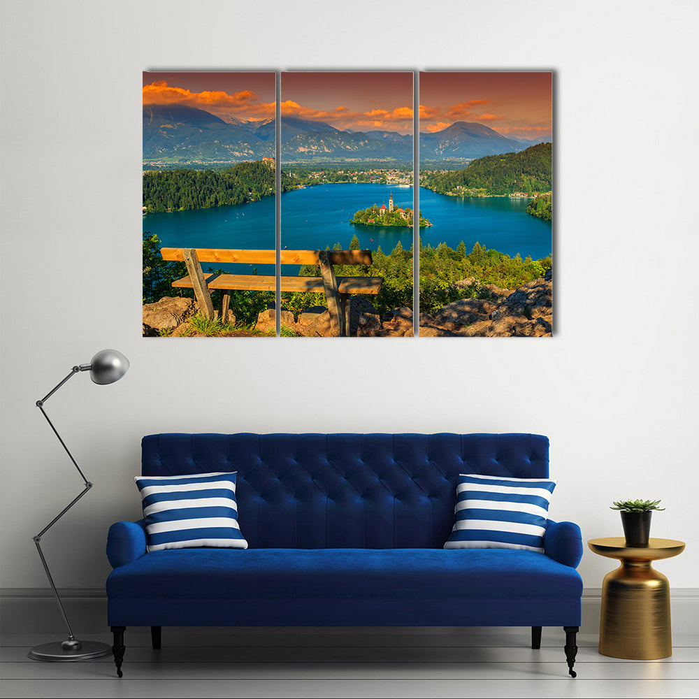 Lake Bled with St Marys church on the small island and stunning sunset Bled Slovenia Europe Multi panel canvas wall art