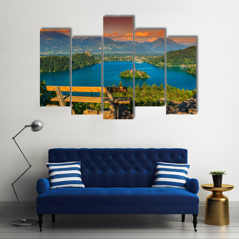 Lake Bled with St Marys church on the small island and stunning sunset Bled Slovenia Europe Multi panel canvas wall art