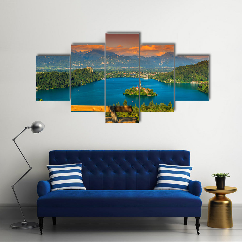 Lake Bled with St Marys church on the small island and stunning sunset Bled Slovenia Europe Multi panel canvas wall art