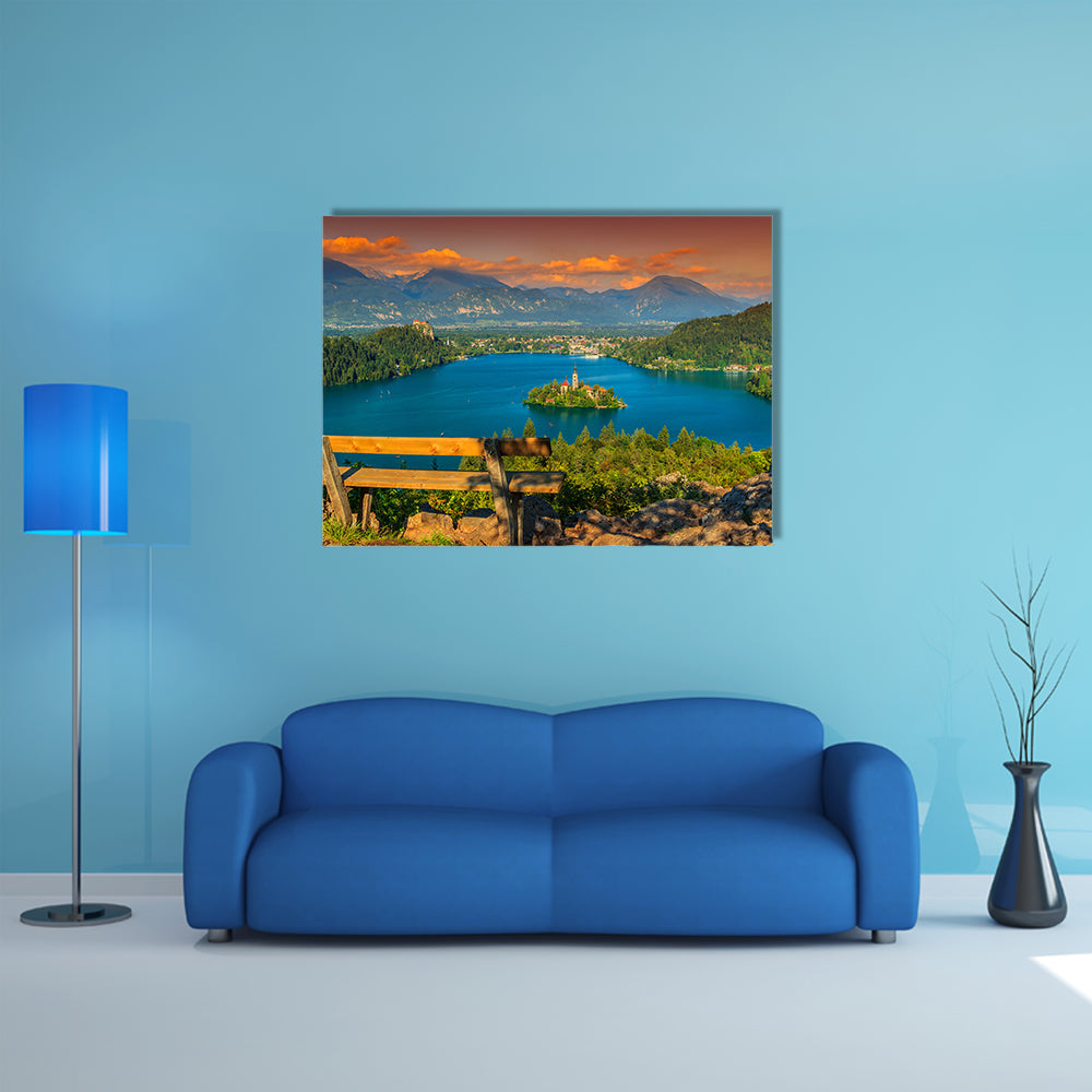 The Lake Bled with St Marys church on the small island and wall art