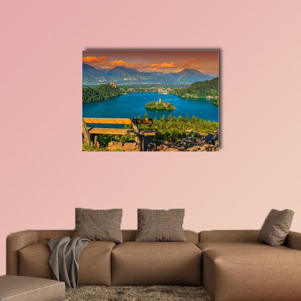 Lake Bled with St Marys church on the Small Island Europe multi panel canvas wall art