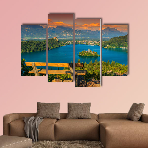 Lake Bled with St Marys church on the Small Island Europe multi panel canvas wall art