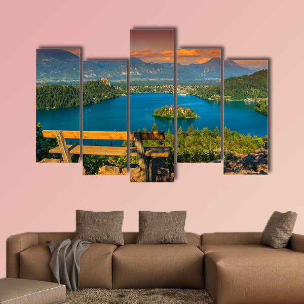 Lake Bled with St Marys church on the Small Island Europe multi panel canvas wall art