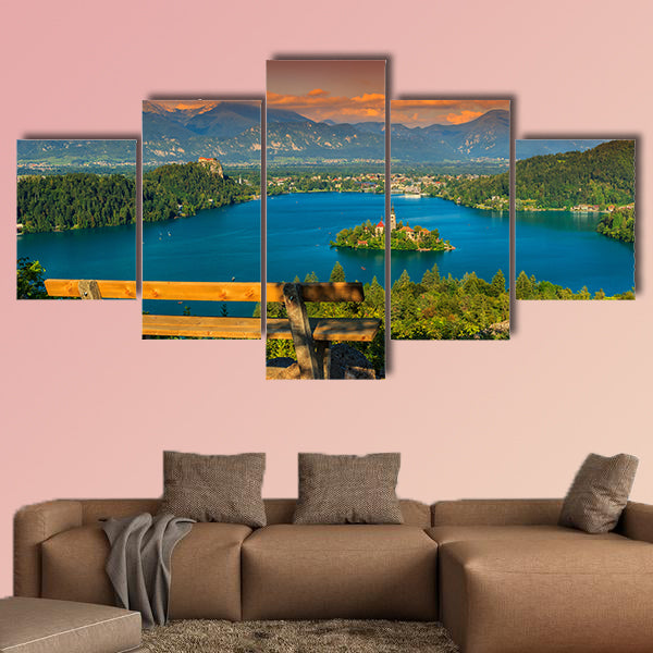 Lake Bled with St Marys church on the Small Island Europe multi panel canvas wall art