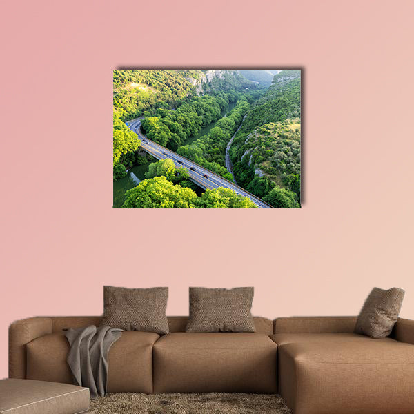 Aerial view of the bridge and the road over the river Pinios multi panel canvas wall art