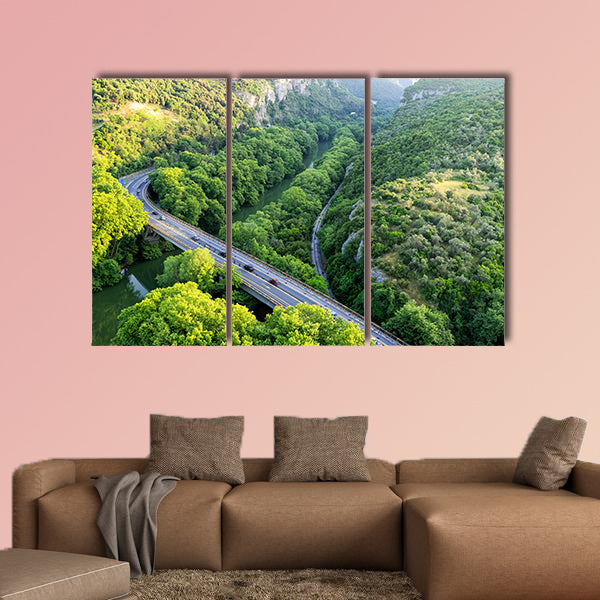 Aerial view of the bridge and the road over the river Pinios multi panel canvas wall art