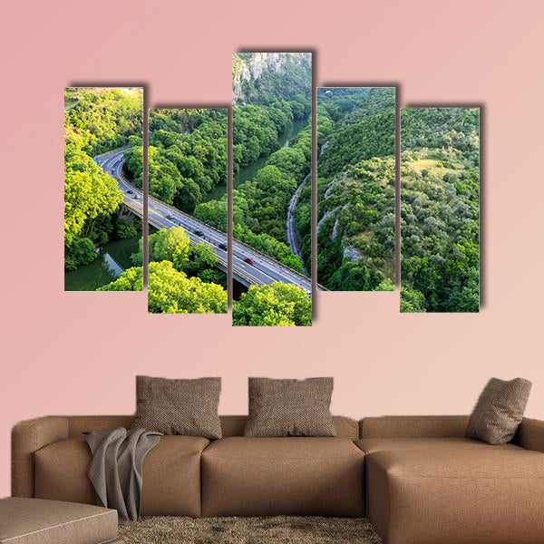 Aerial view of the bridge and the road over the river Pinios multi panel canvas wall art