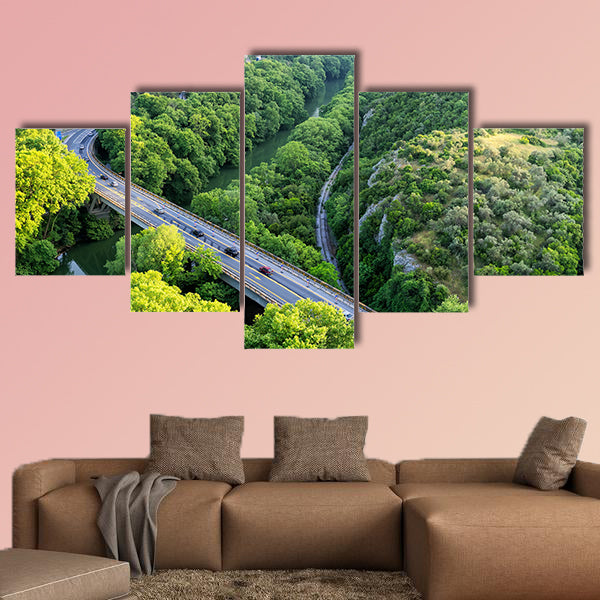Aerial view of the bridge and the road over the river Pinios multi panel canvas wall art