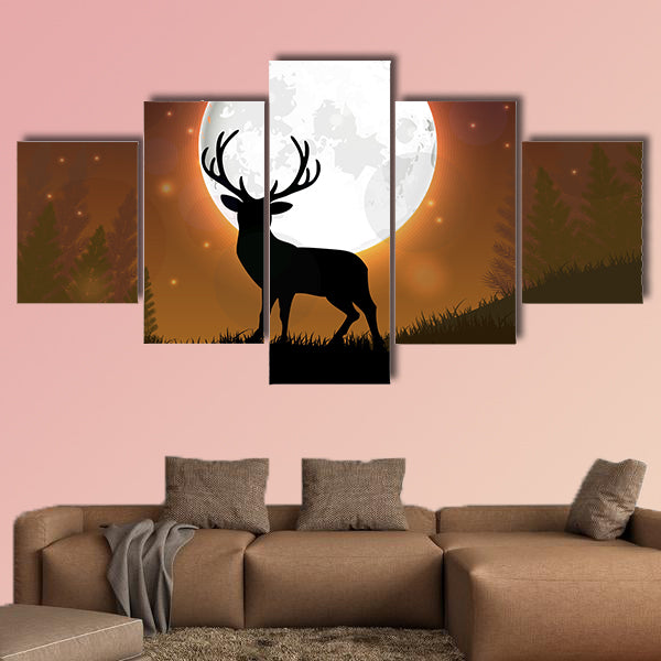 Silhouette of a deer standing on a hill at night multi panel canvas wall art