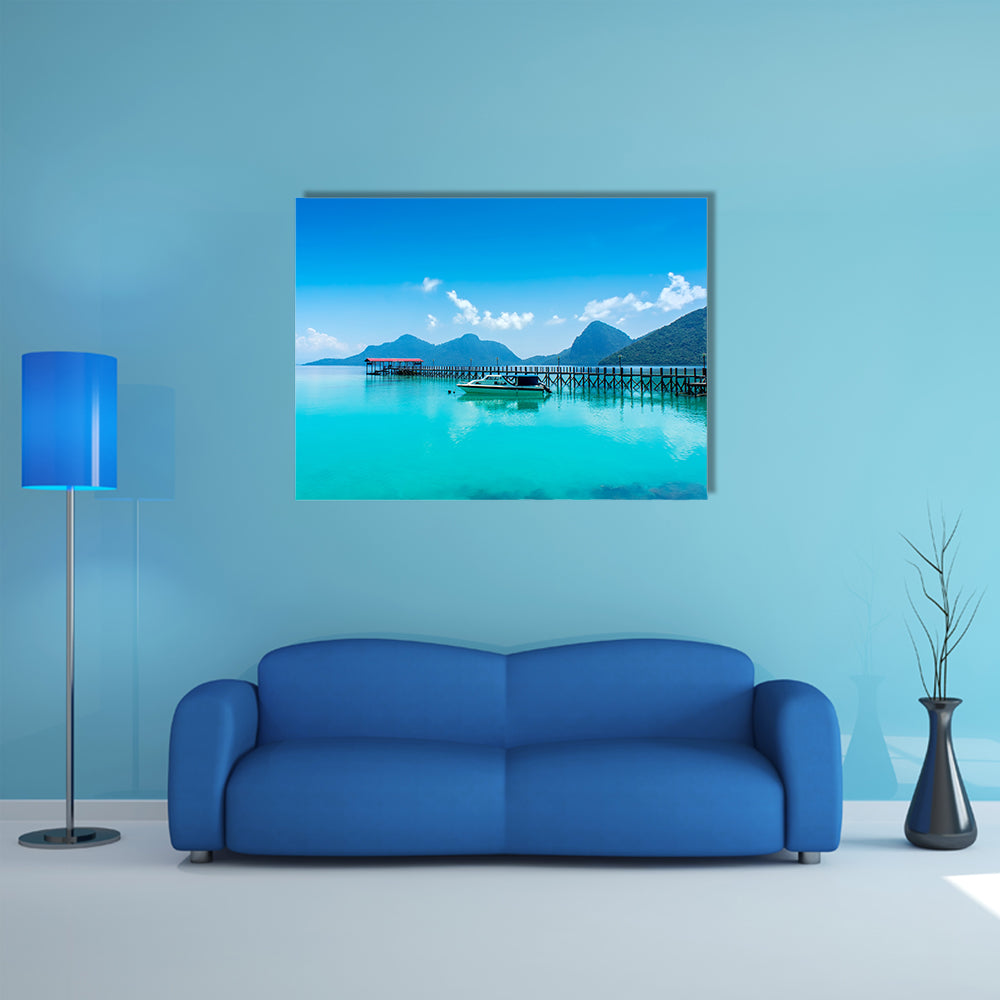 A wood jetty and speed boat at bohey dulang, semporna sabah Multi Panel Canvas Wall Art