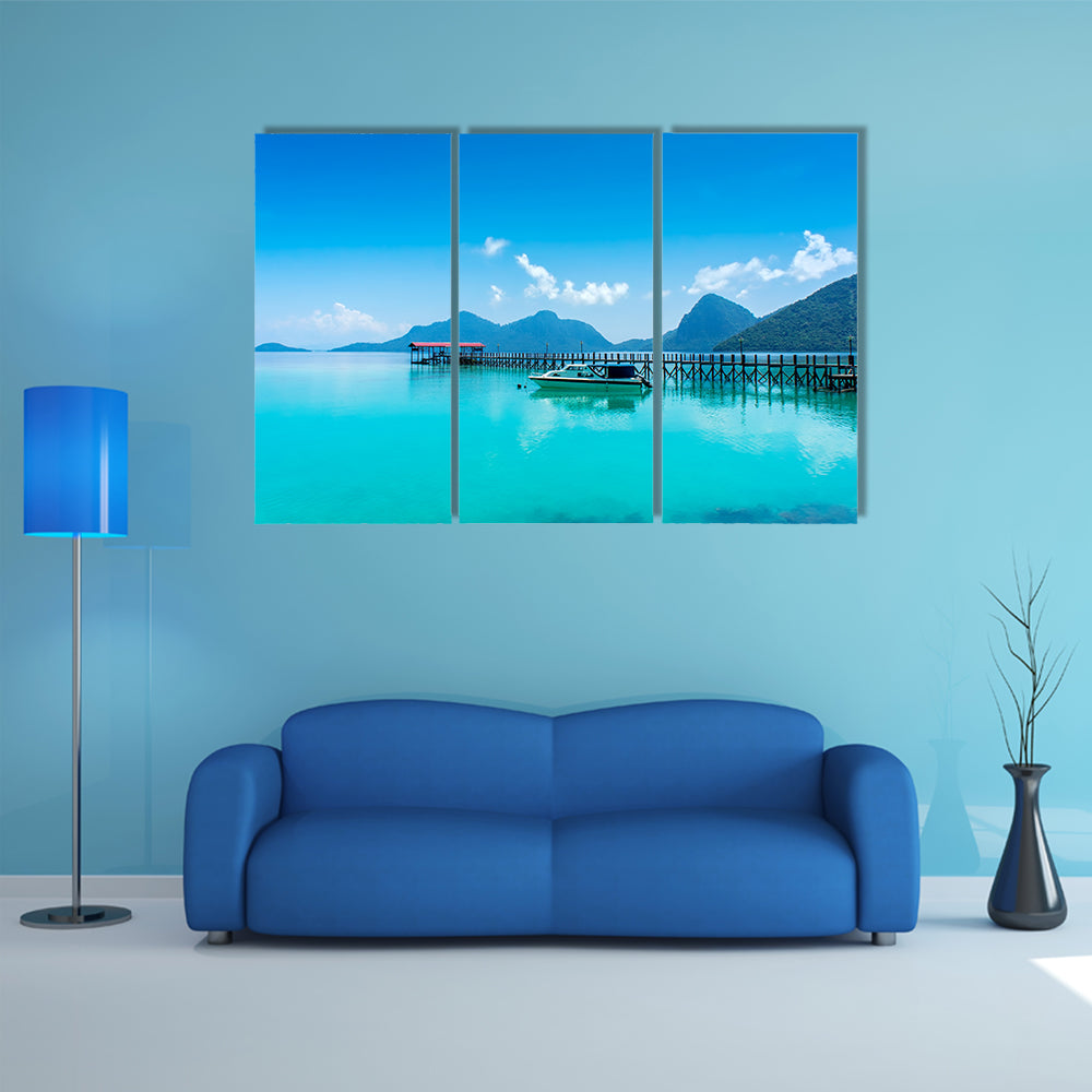 A wood jetty and speed boat at bohey dulang, semporna sabah Multi Panel Canvas Wall Art