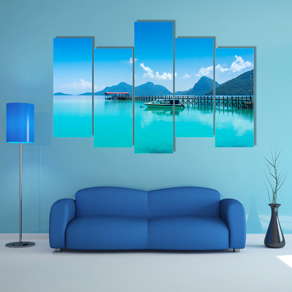 A wood jetty and speed boat at bohey dulang, semporna sabah Multi Panel Canvas Wall Art