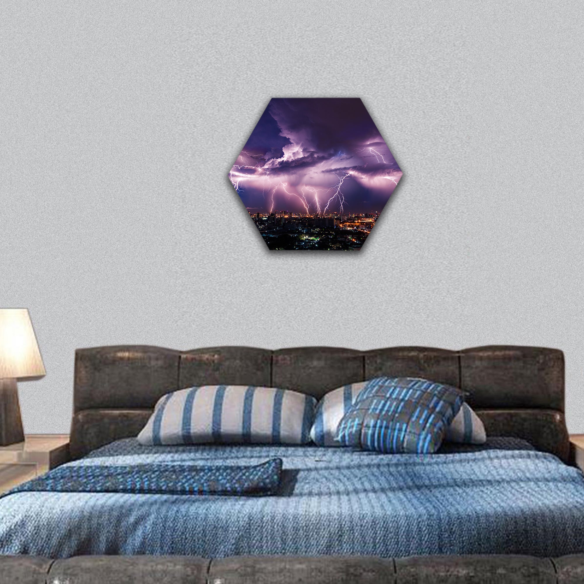 Lightning storm over city in purple light hexagonal canvas wall art