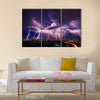 Lightning storm over city in purple light Multi Panel Canvas Wall Art