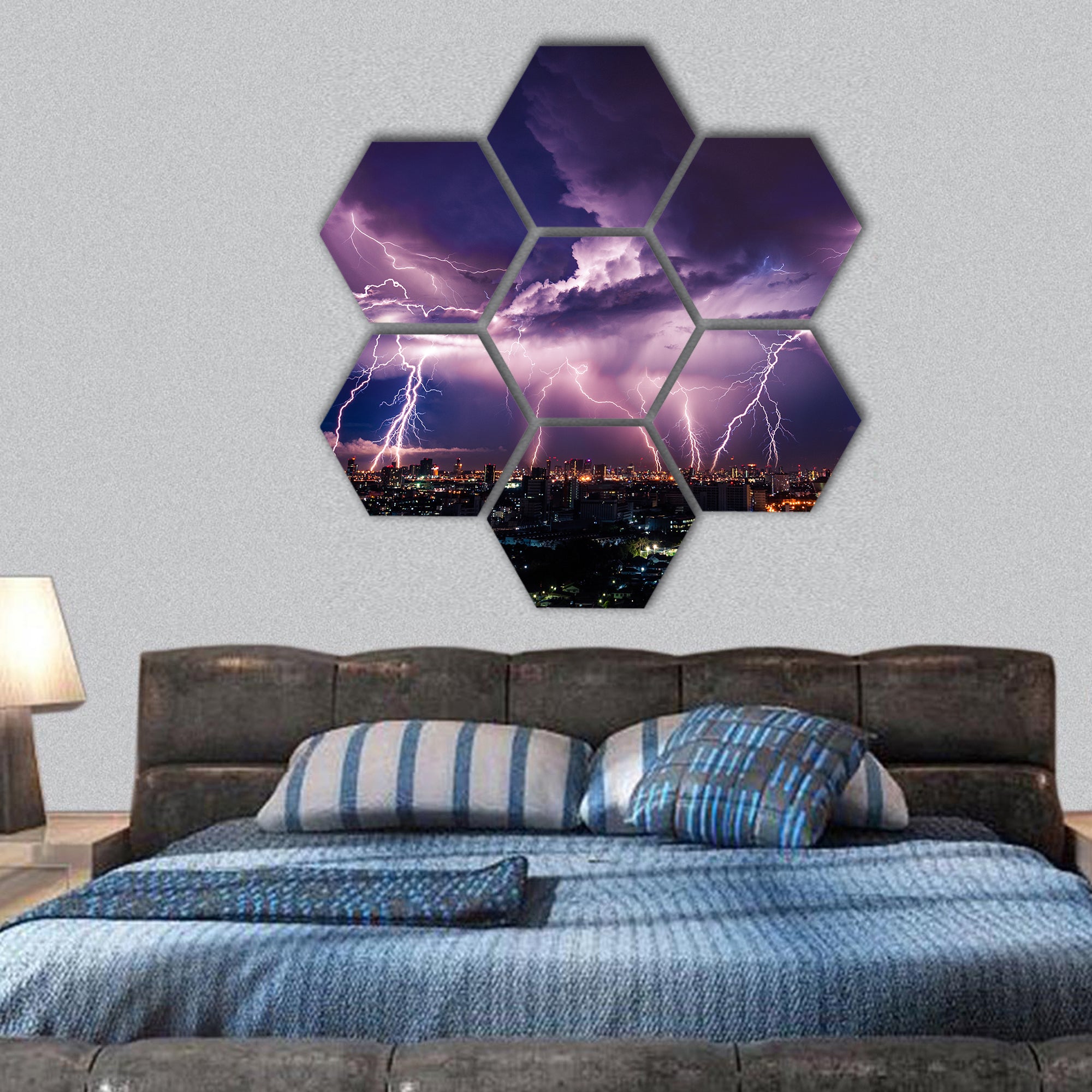 Lightning storm over city in purple light hexagonal canvas wall art