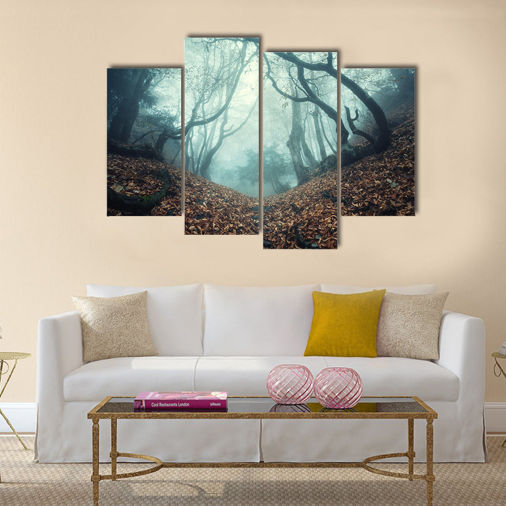 Trail through a mysterious dark old forest in fog.  multi panel canvas wall art