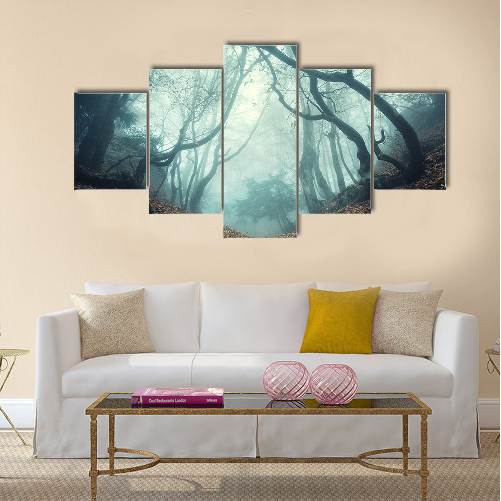 Trail through a mysterious dark old forest in fog.  multi panel canvas wall art