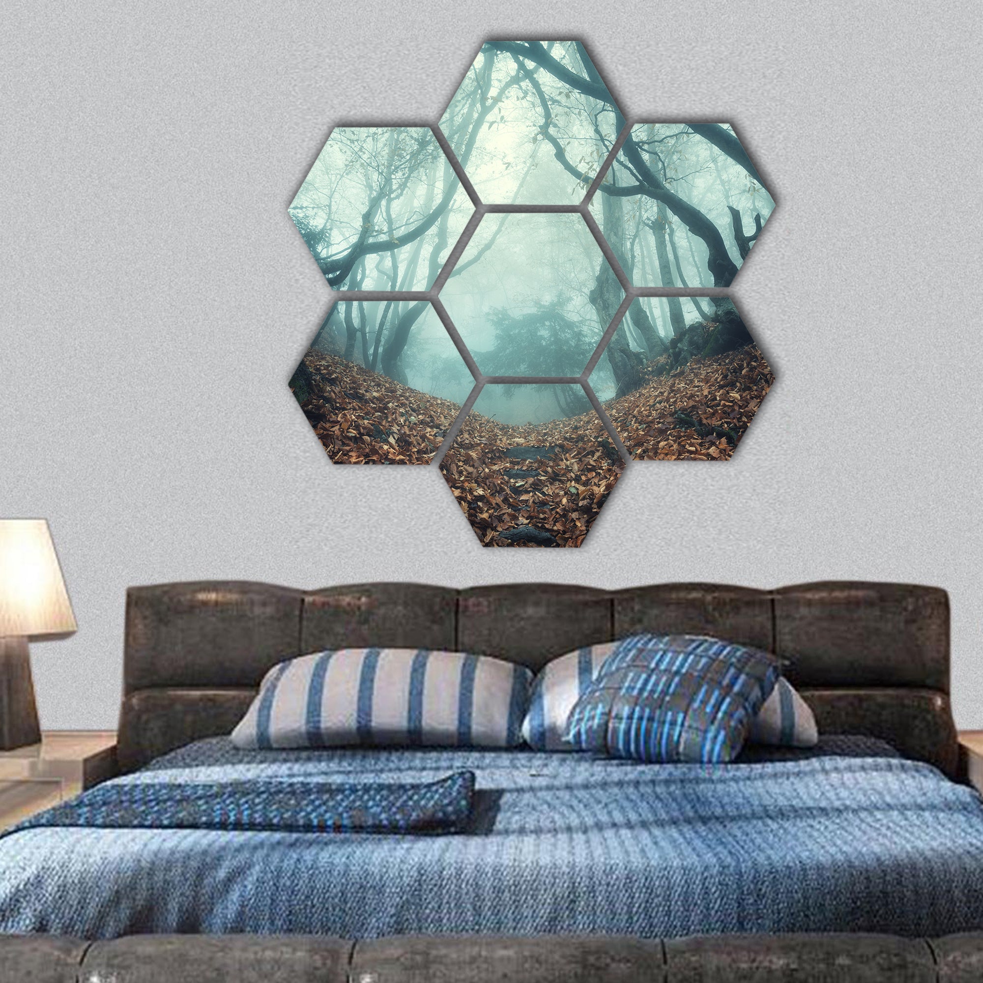 Trail through a mysterious dark old forest in fog hexagonal canvas wall art