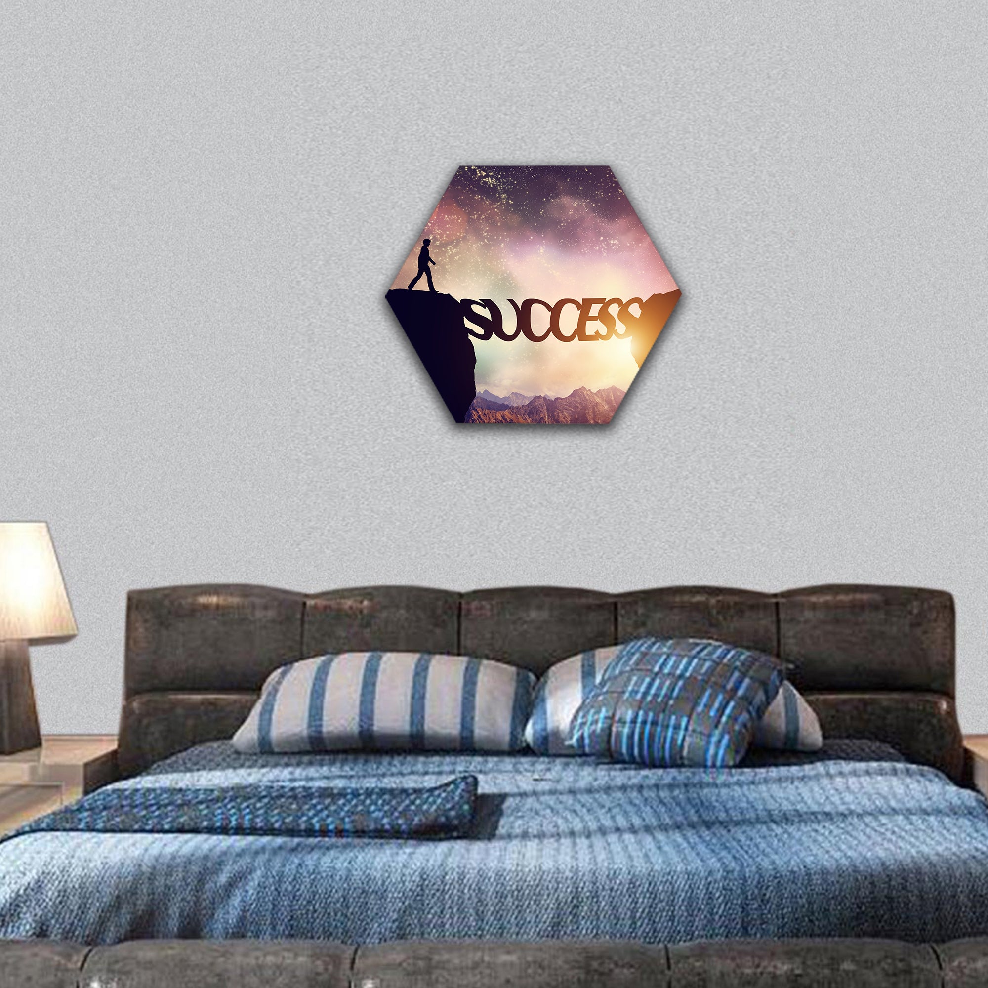 Man about to walk over word SUCCESS Bridge hexagonal canvas wall art