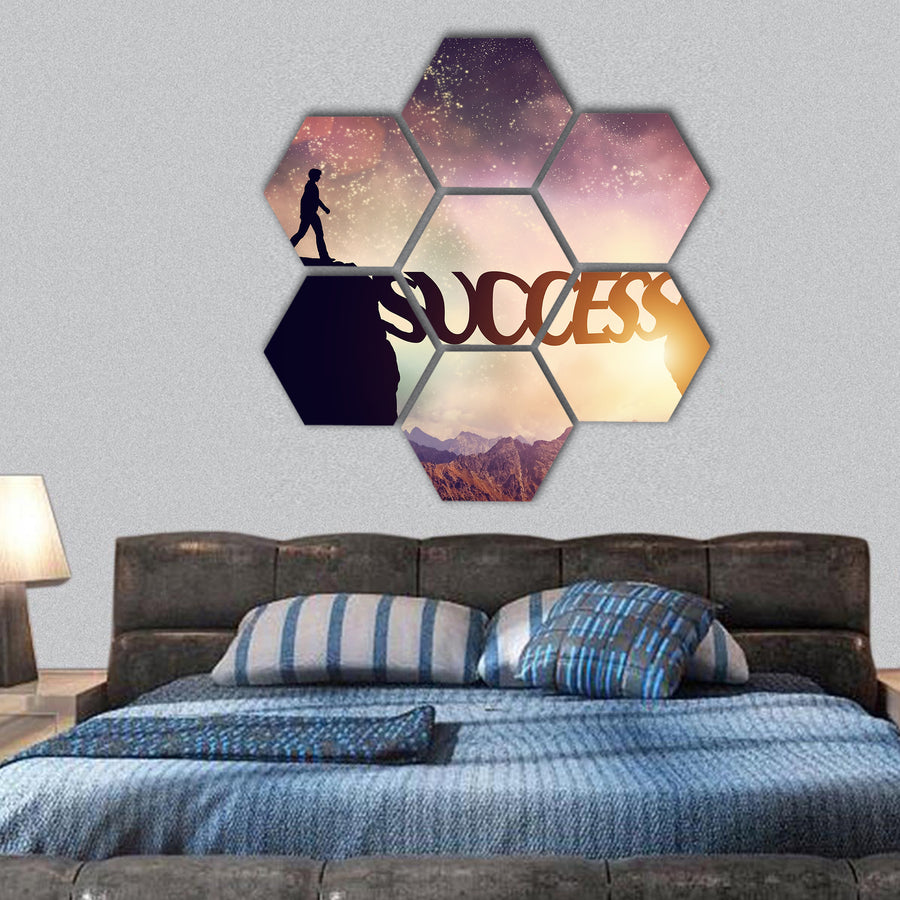 Man about to walk over word SUCCESS Bridge hexagonal canvas wall art