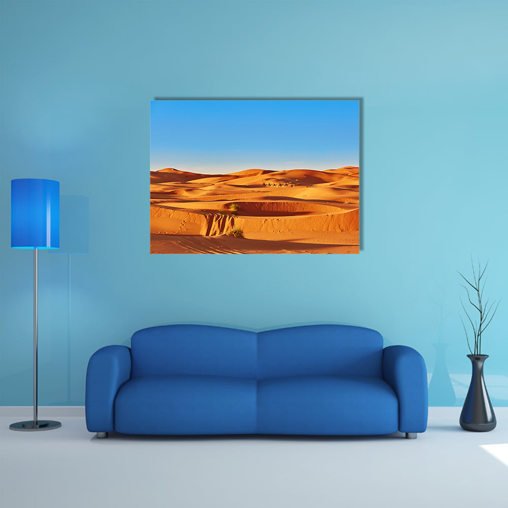 Camel caravan going through the sand dunes in the Sahara Desert wall art