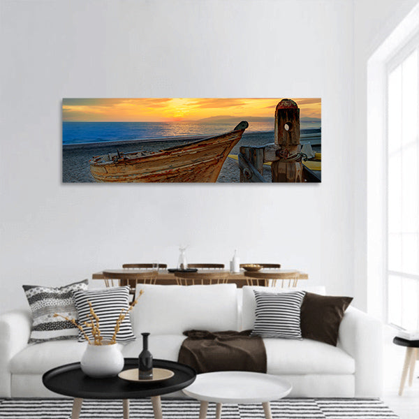 Almeria Cabo de Gata beached boats in San Miguel beach panoramic canvas wall art