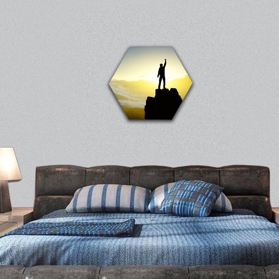 Winner silhouette on mountain top hexagonal canvas wall art