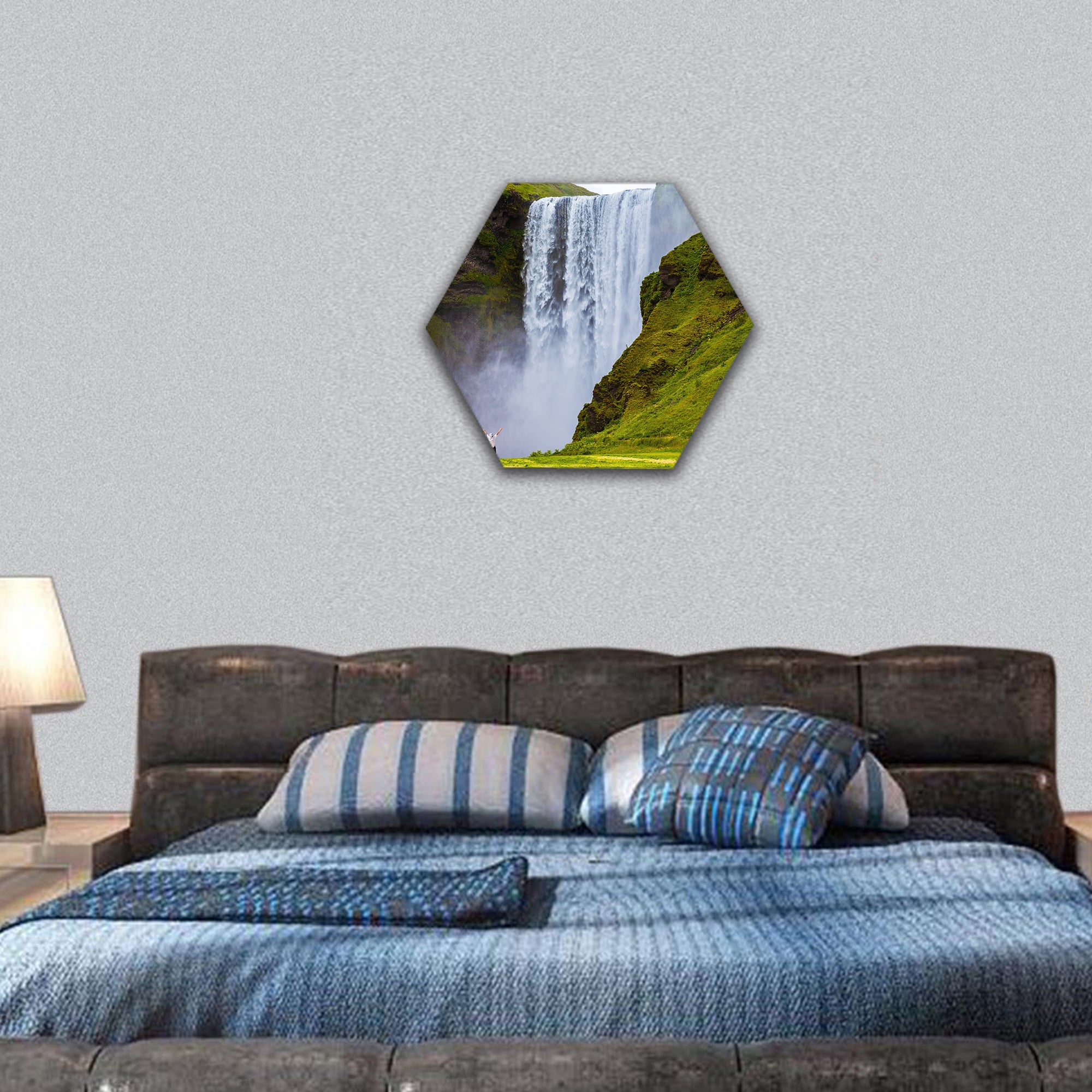 Grand waterfall Skogafoss in Iceland hexagonal canvas wall art