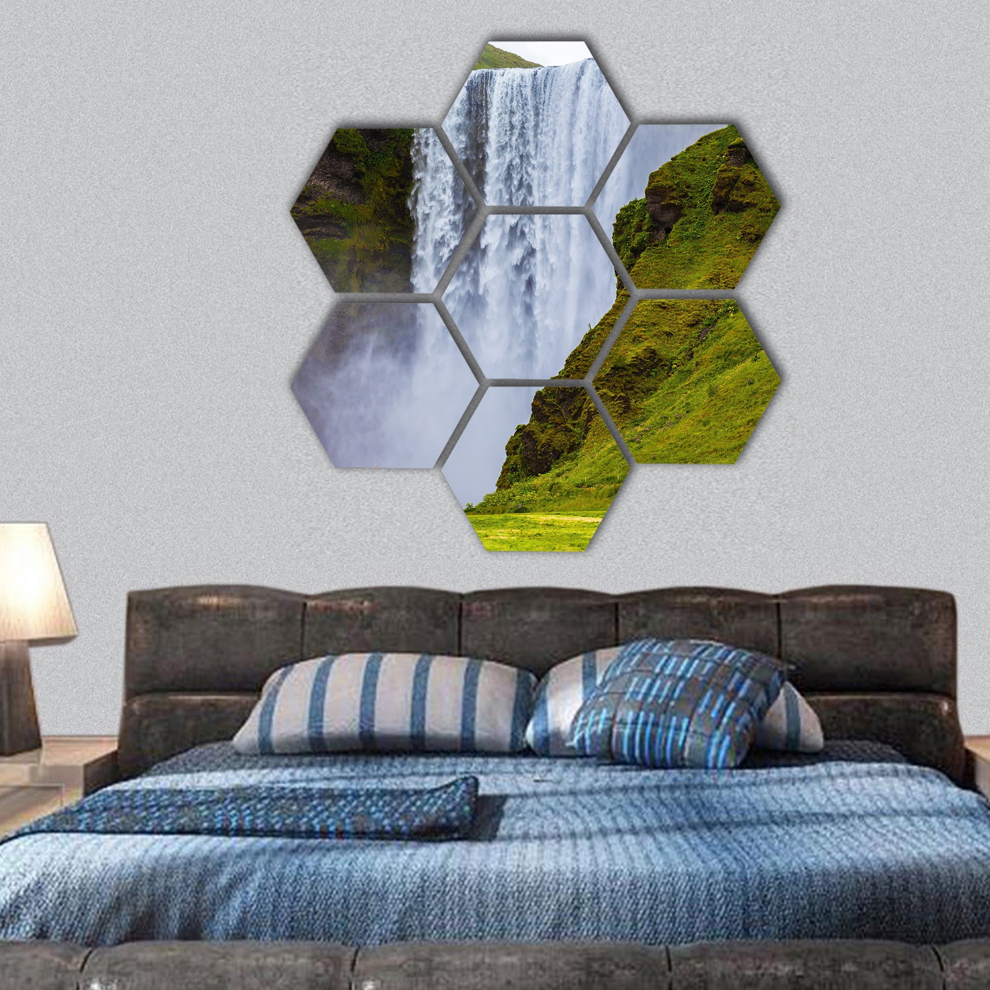 Grand waterfall Skogafoss in Iceland hexagonal canvas wall art