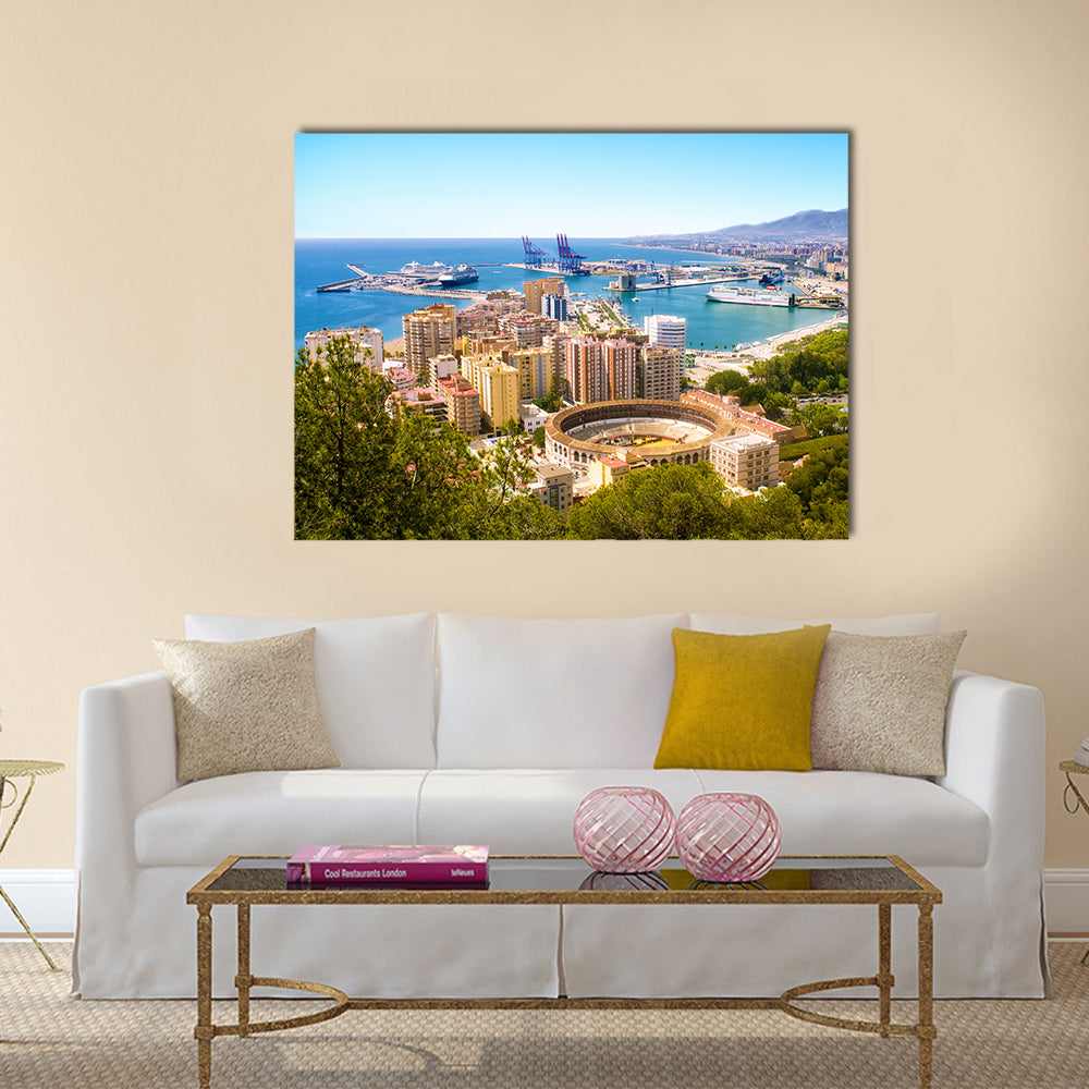 View of Malaga with bullring and harbor in Spain Multi Panel Canvas Wall Art
