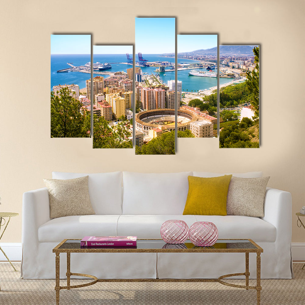 View of Malaga with bullring and harbor in Spain Multi Panel Canvas Wall Art