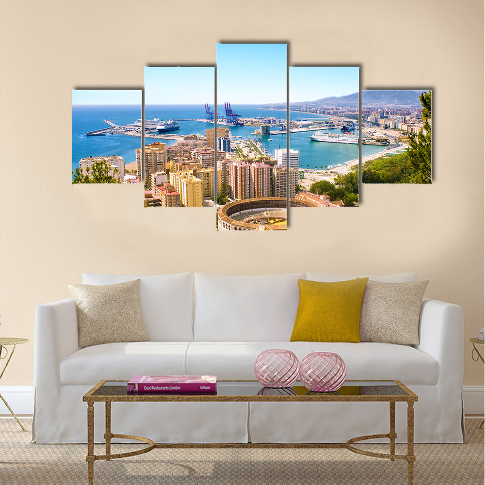 View of Malaga with bullring and harbor in Spain Multi Panel Canvas Wall Art