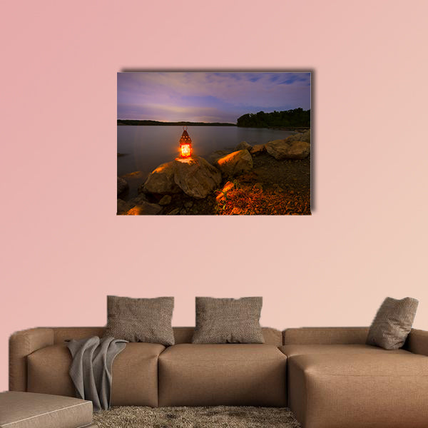 Blue Springs Lake located outside of Kansas City, night with a lantern glowing light Multi panel canvas wall art