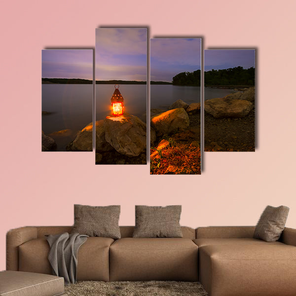 Blue Springs Lake located outside of Kansas City, night with a lantern glowing light Multi panel canvas wall art