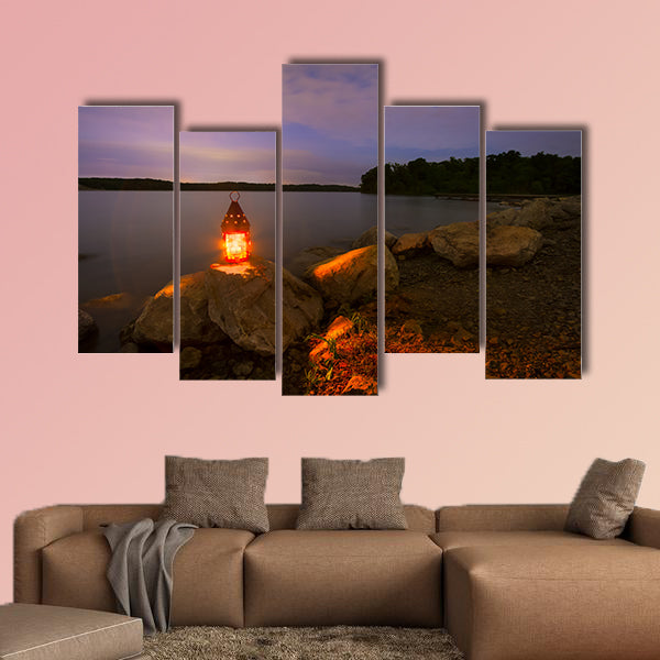 Blue Springs Lake located outside of Kansas City, night with a lantern glowing light Multi panel canvas wall art