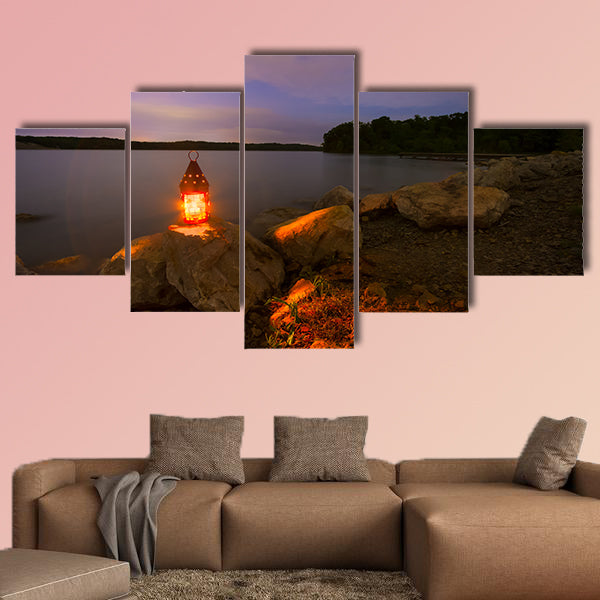 Blue Springs Lake located outside of Kansas City, night with a lantern glowing light Multi panel canvas wall art