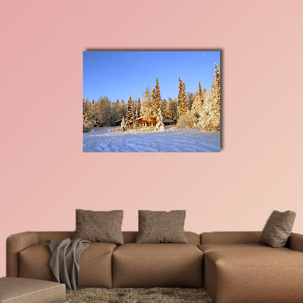 Log cabin in Alaska in winter multi panel canvas wall art