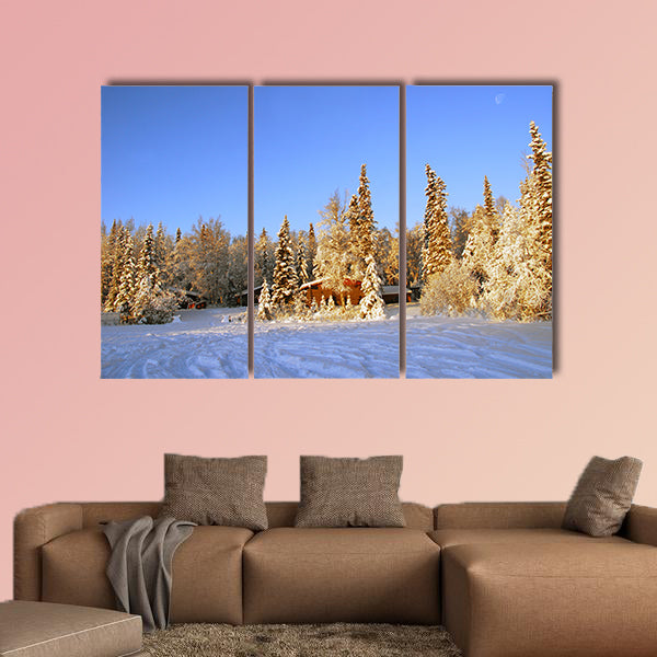 Log cabin in Alaska in winter multi panel canvas wall art