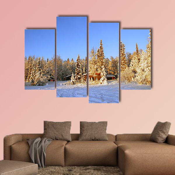 Log cabin in Alaska in winter multi panel canvas wall art