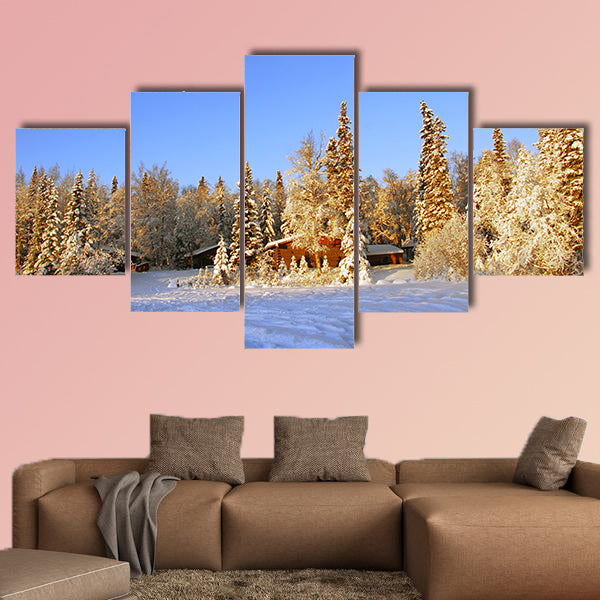Log cabin in Alaska in winter multi panel canvas wall art