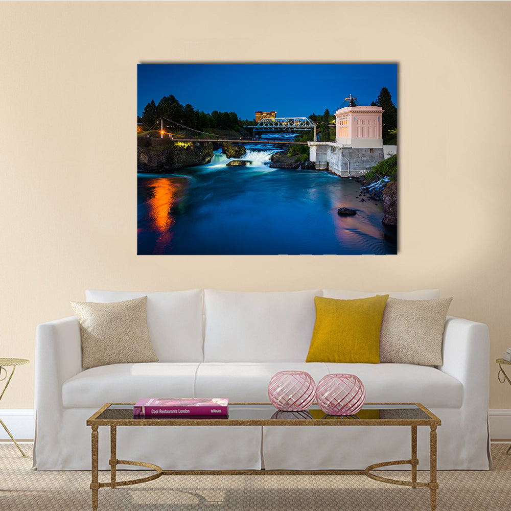 Twilight Print Of Spokane Falls, Washington Multi Panel Canvas Wall Art