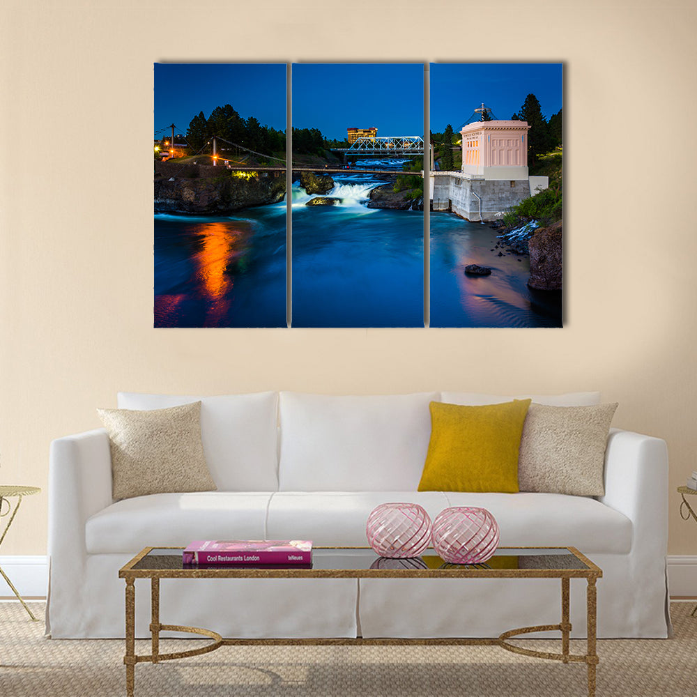 Twilight Print Of Spokane Falls, Washington Multi Panel Canvas Wall Art
