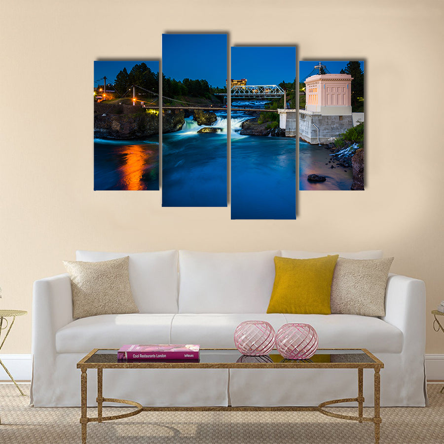 Twilight Print Of Spokane Falls, Washington Multi Panel Canvas Wall Art