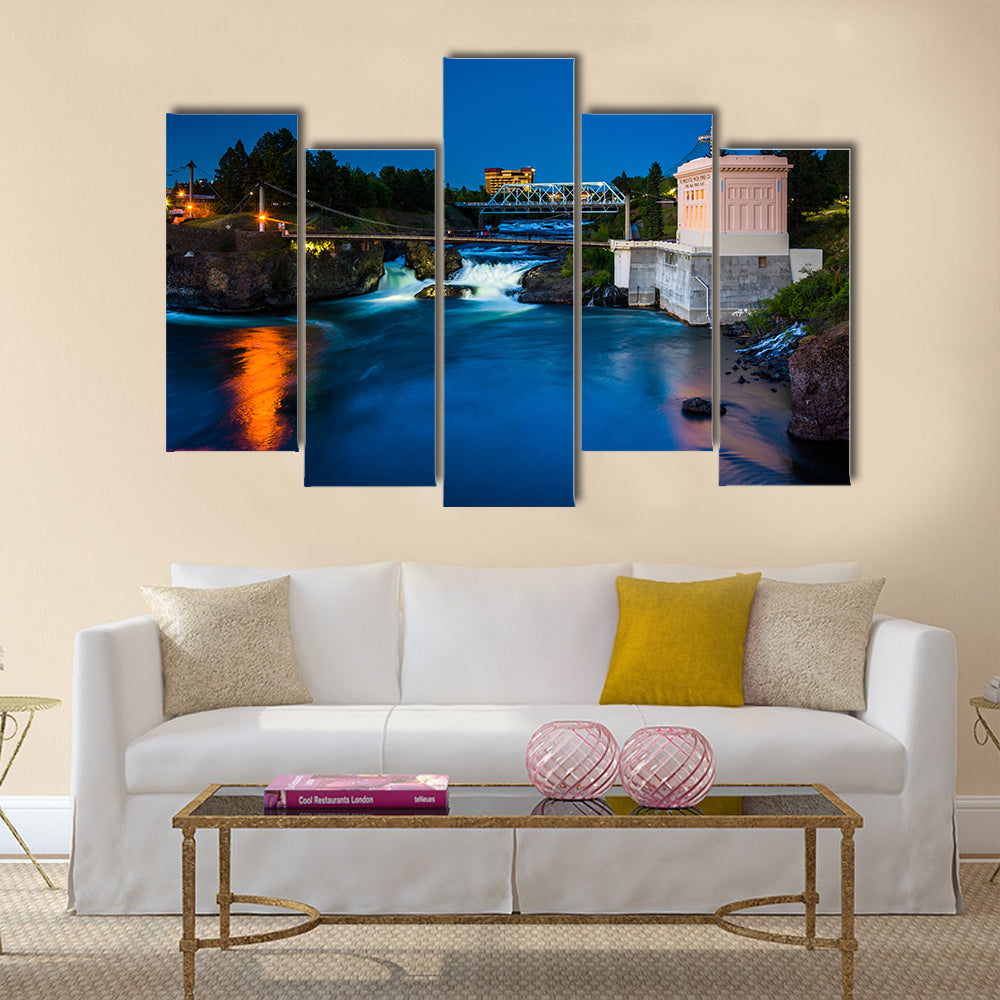 Twilight Print Of Spokane Falls, Washington Multi Panel Canvas Wall Art