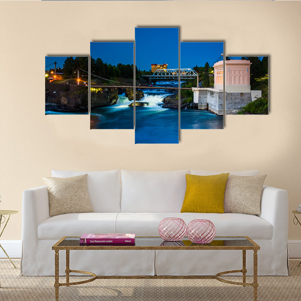 Twilight Print Of Spokane Falls, Washington Multi Panel Canvas Wall Art