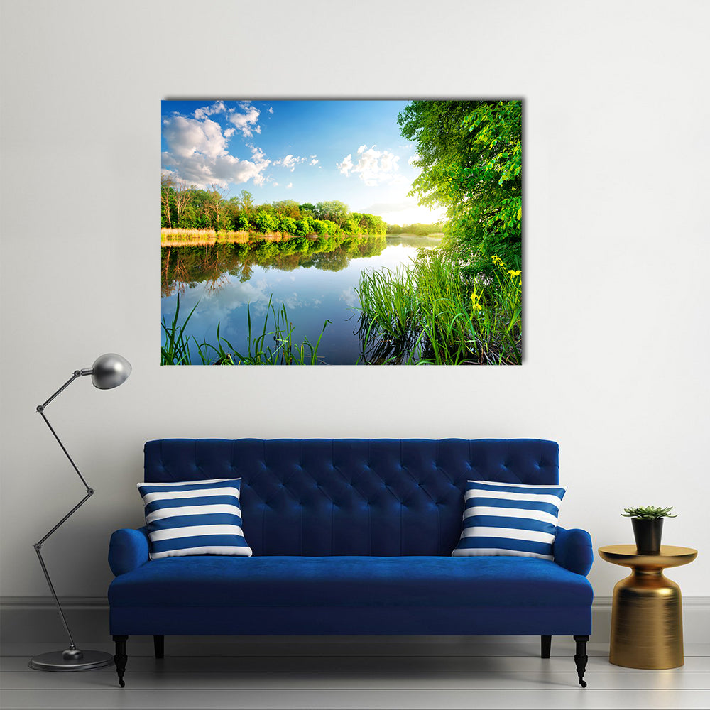 Trees by calm river in the morning multi panel canvas wall art