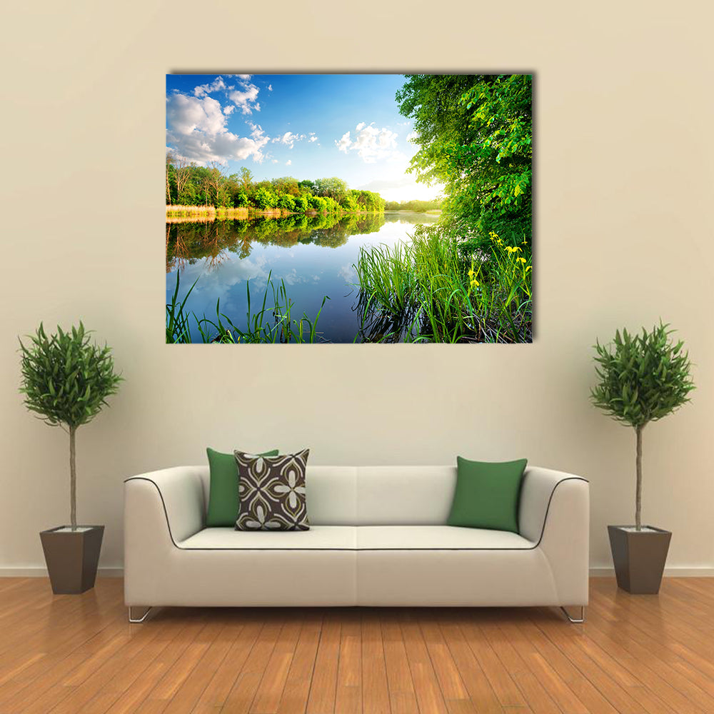 Trees by calm river in the morning multi panel canvas wall art